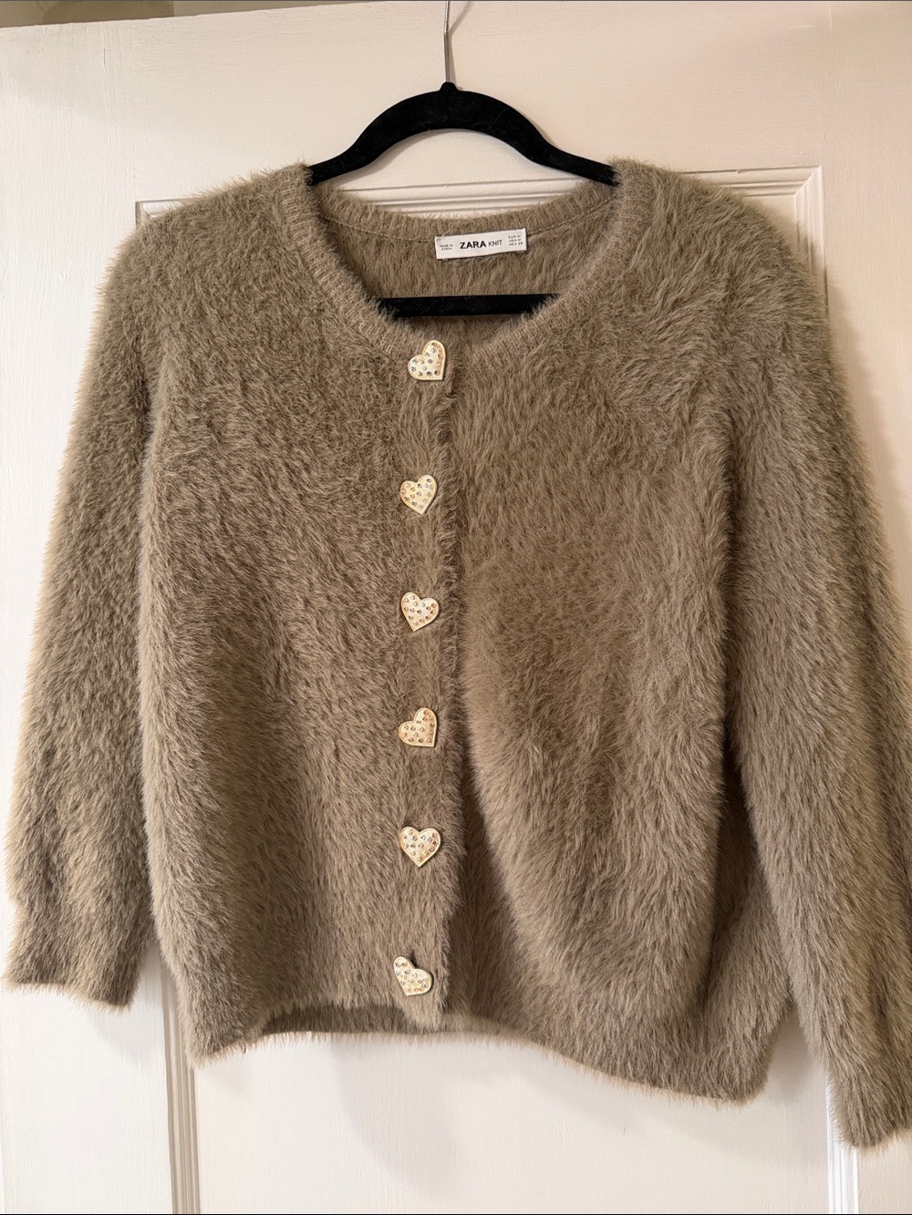 Zara Fuzzy Taupe Cardigan with Heart Buttons